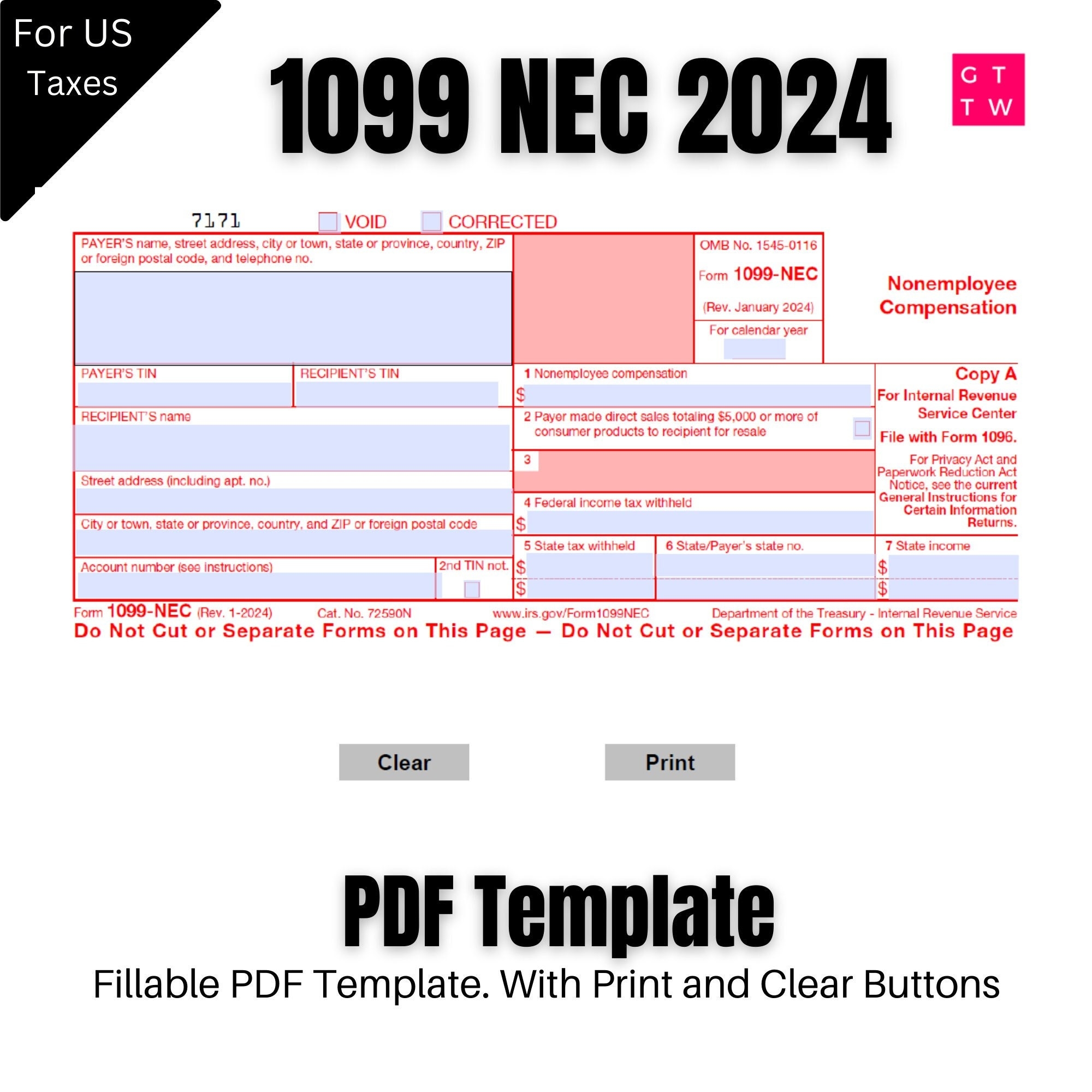 1099 NEC Editable PDF Fillable Template 2024 With Print And Clear