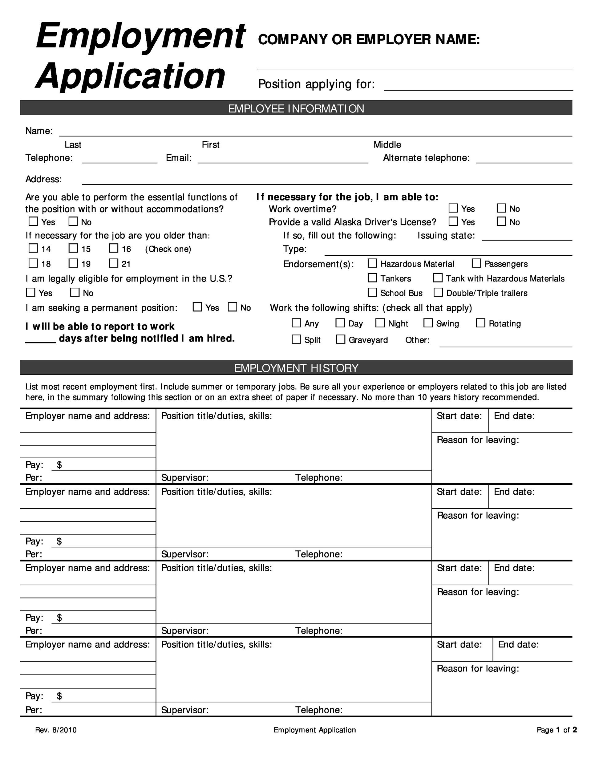 50 Free Employment Job Application Form Templates Printable 50 Free Employment Job Application Form Templates Printable