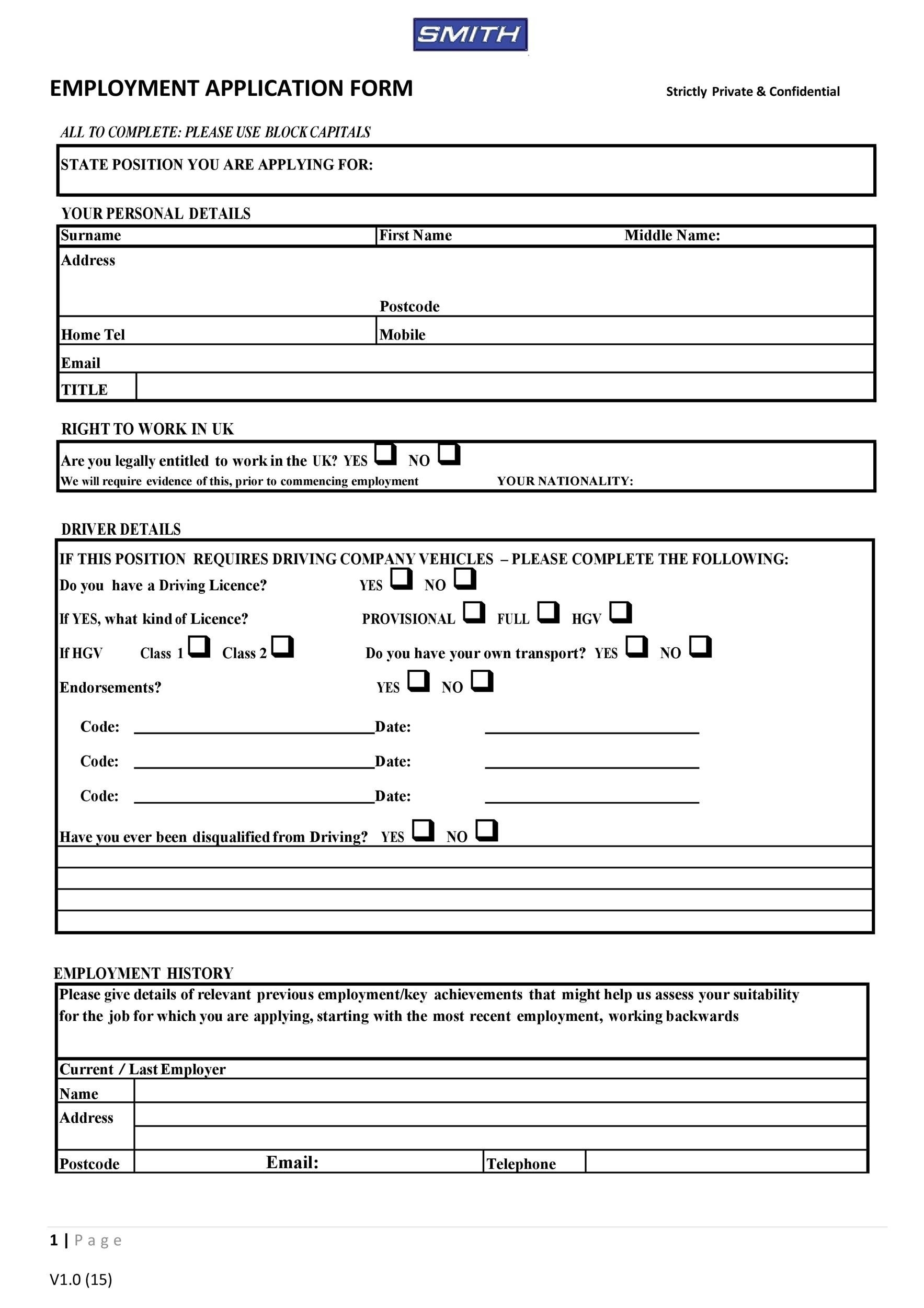 50 Free Employment Job Application Form Templates Printable