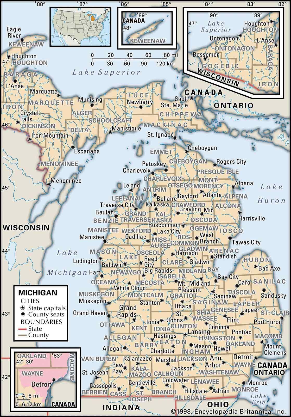 A Map Of Michigan Showing The Location Of Major Cities And Towns In 