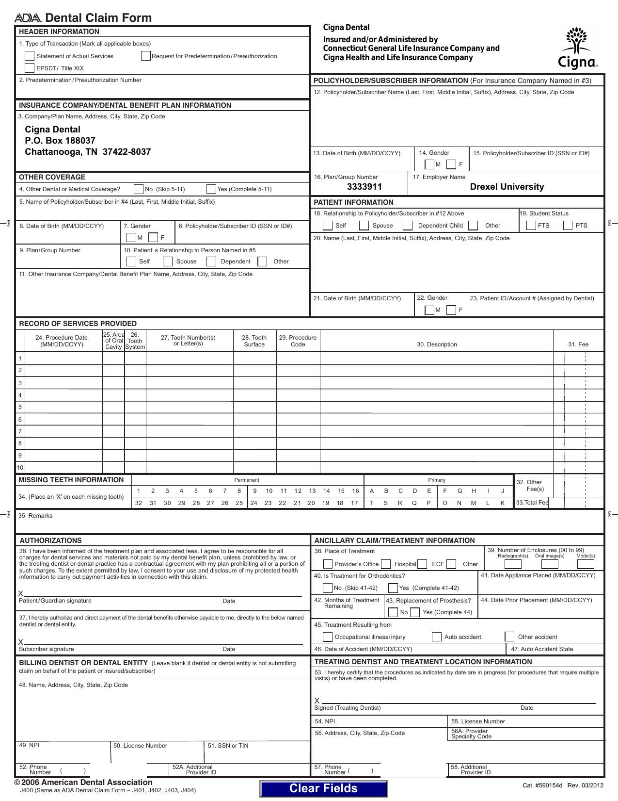 Blank Printable Ada Dental Claim Form