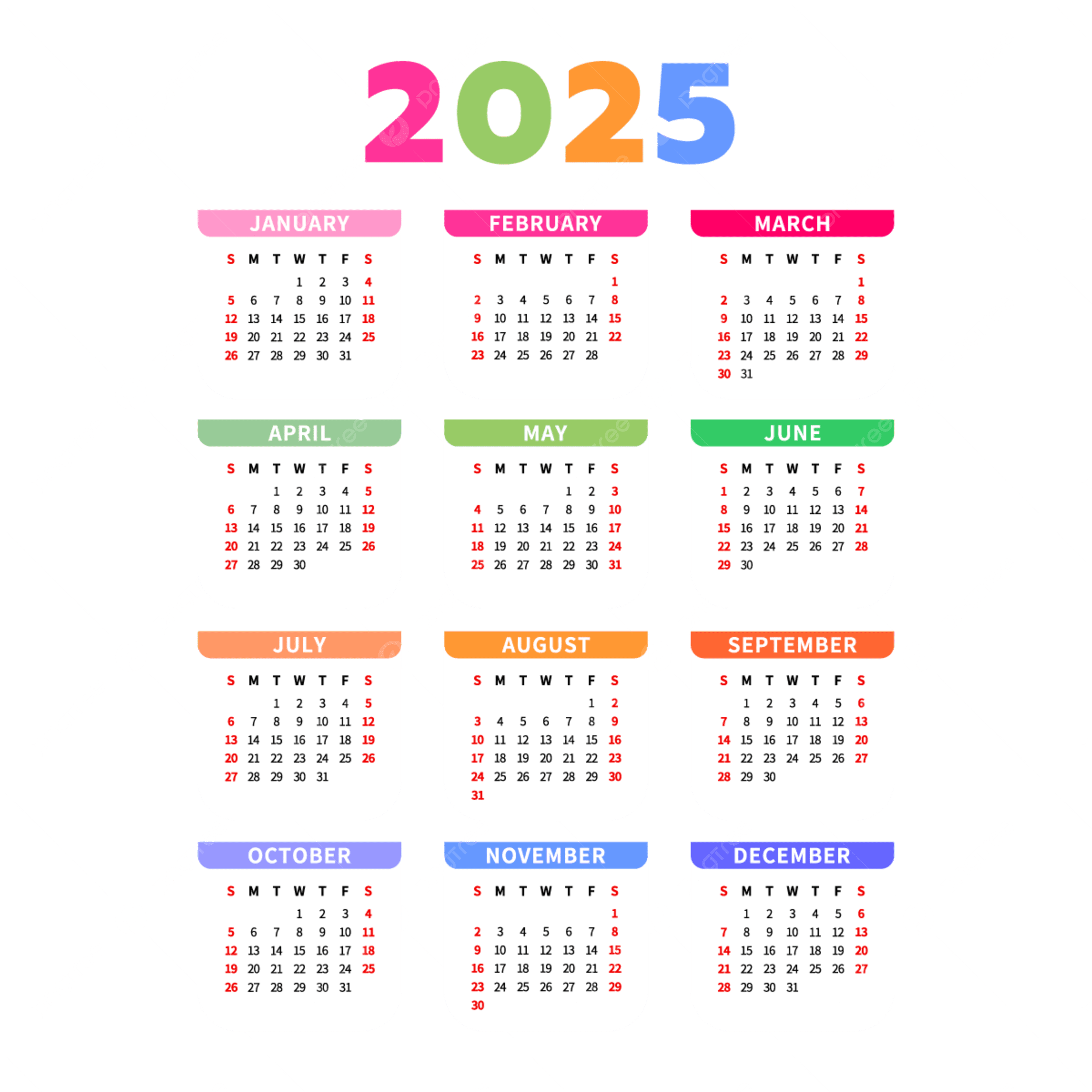 Calendar 2025 Color Calendar Vector Calendar 2025 2025 Calendar PNG