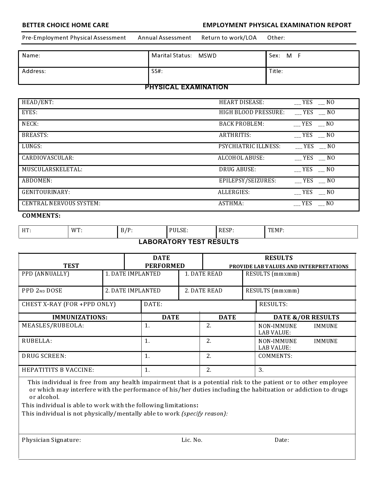 Employment Printable Blank Physical Form Free Printable 2025