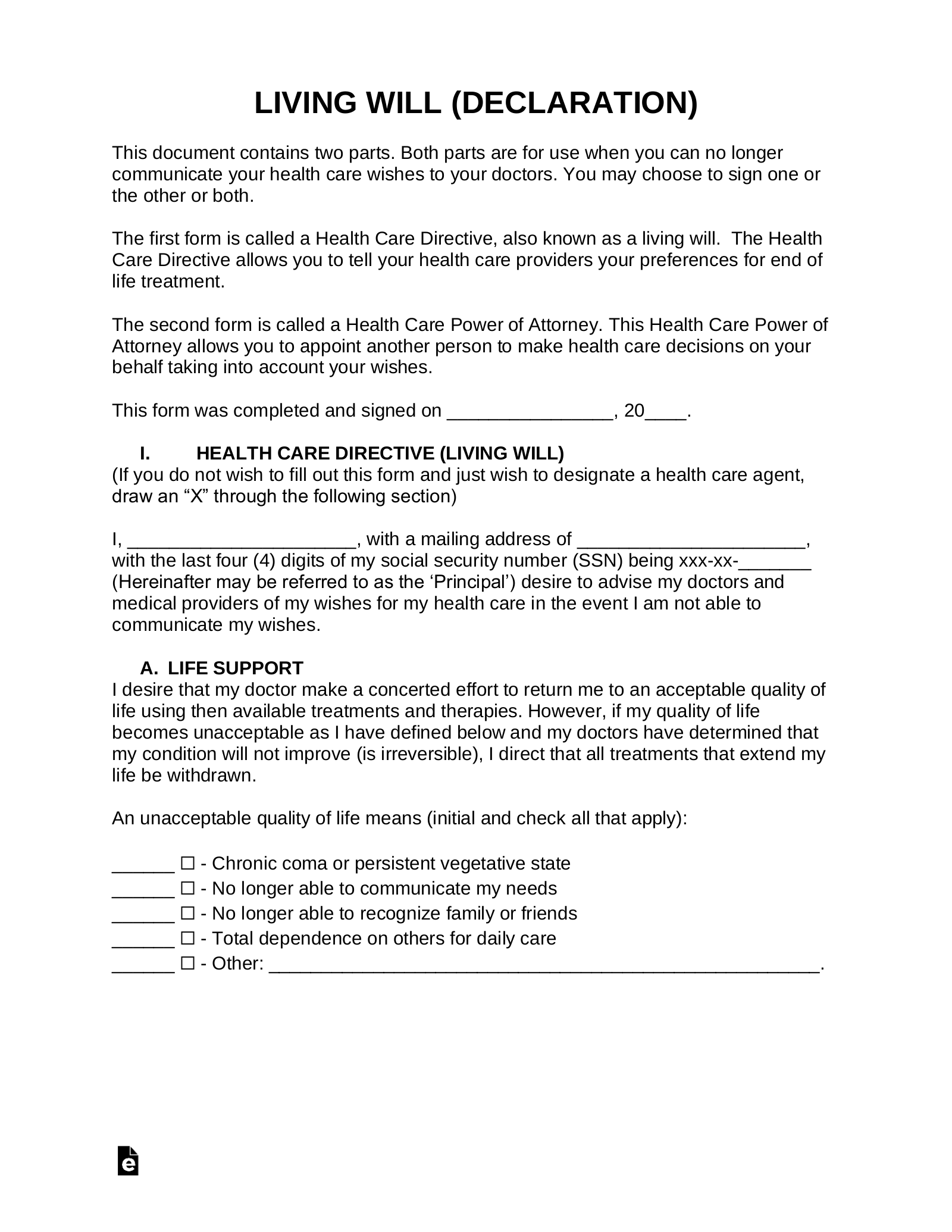 Free Living Will Form Health Care Directive PDF Word EForms Free Living Will Form Health Care Directive PDF Word EForms