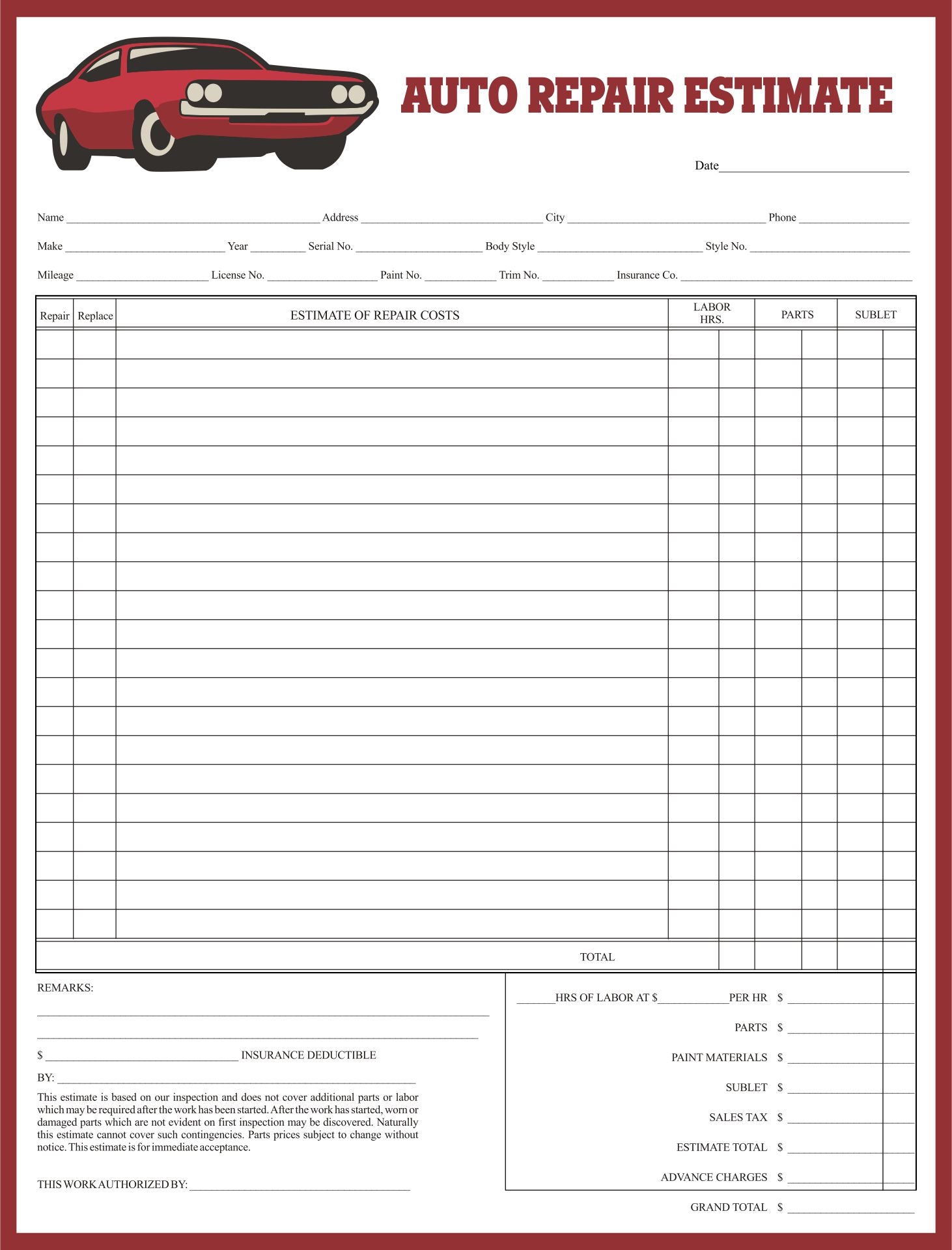 Free Printable Auto Body Repair Estimate Forms Printable Forms Free 