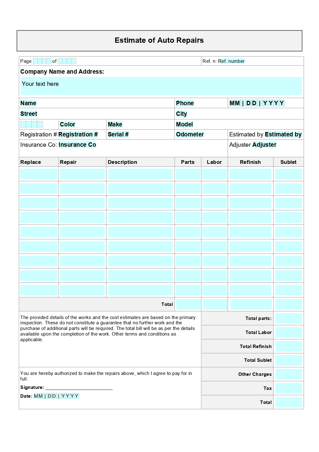 Free Printable Auto Repair Forms Printable Templates Hub