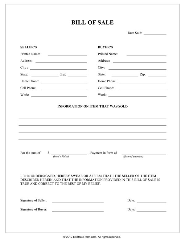 Free Printable Bill Of Sale Form Form GENERIC 