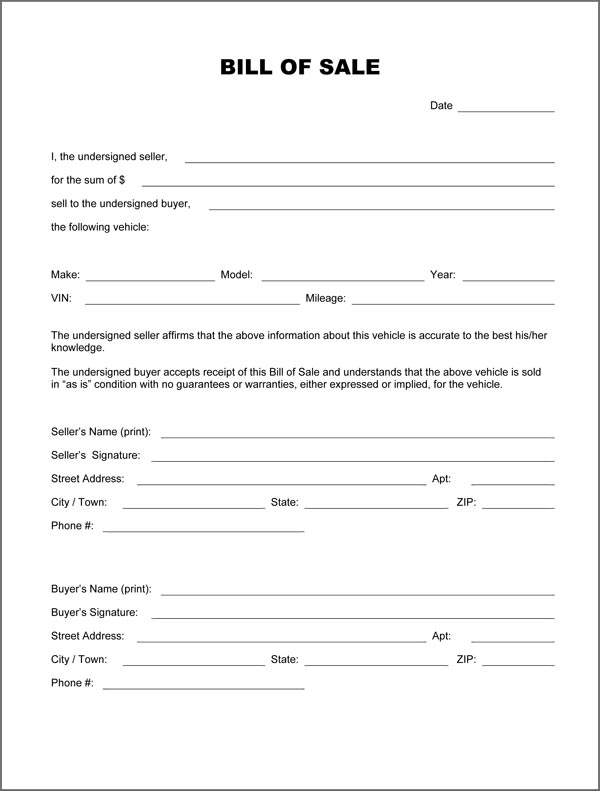 Free Printable Bill Of Sale Form Form GENERIC