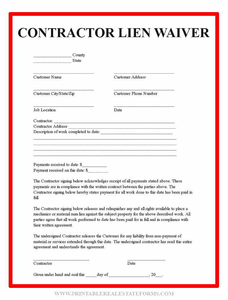 Free Printable Lien Waiver Form EDITABLE PDF WORD