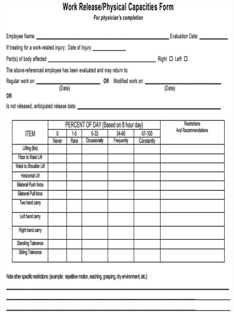 Free Printable Physical Form For Work