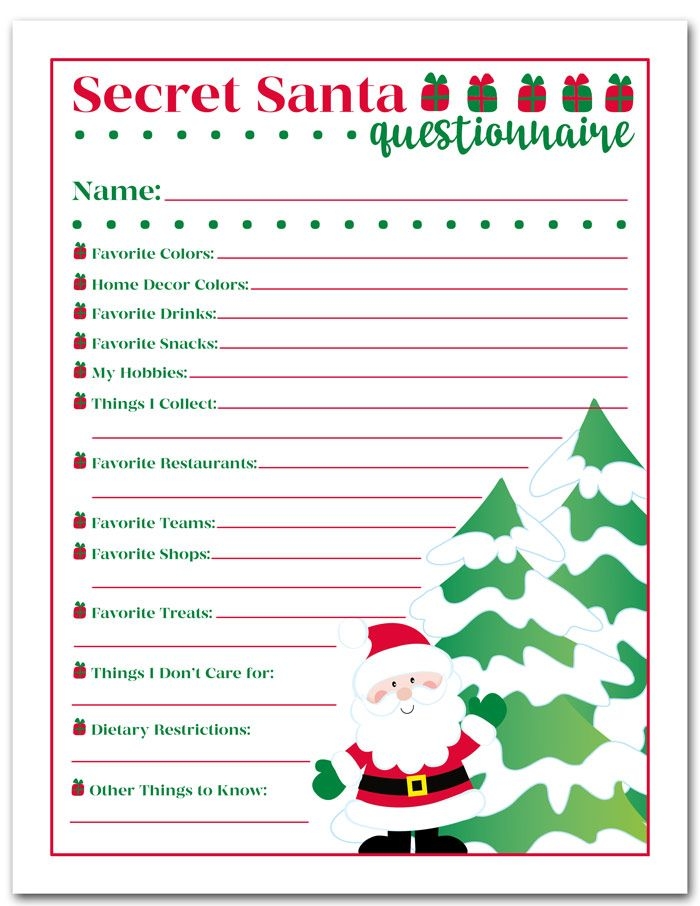 Free Printable Secret Santa Questionnaire Form Pdf Free Printable
