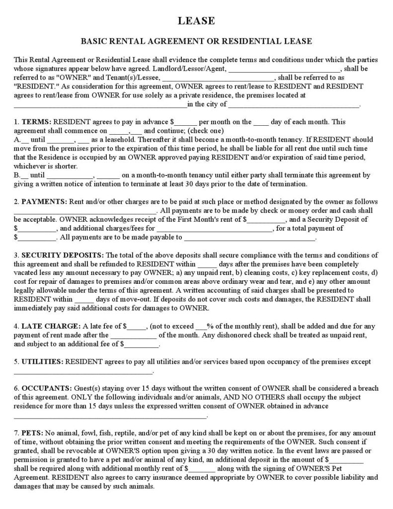 Free Printable Standard Lease Agreement Free Printable Standard Lease Agreement