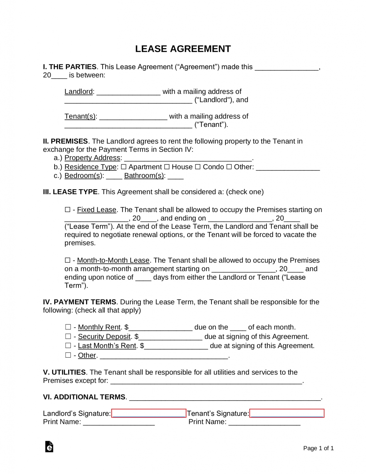 Free Simple 1 Page Lease Agreement Template Sample PDF Word EForms