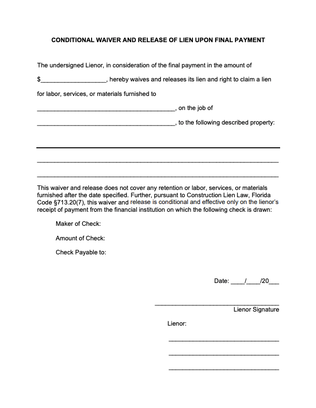 Generic Printable Lien Waiver Form Generic Printable Lien Waiver Form