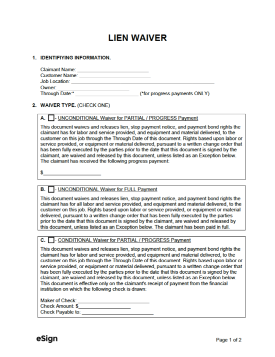 Generic Printable Lien Waiver Form Generic Printable Lien Waiver Form