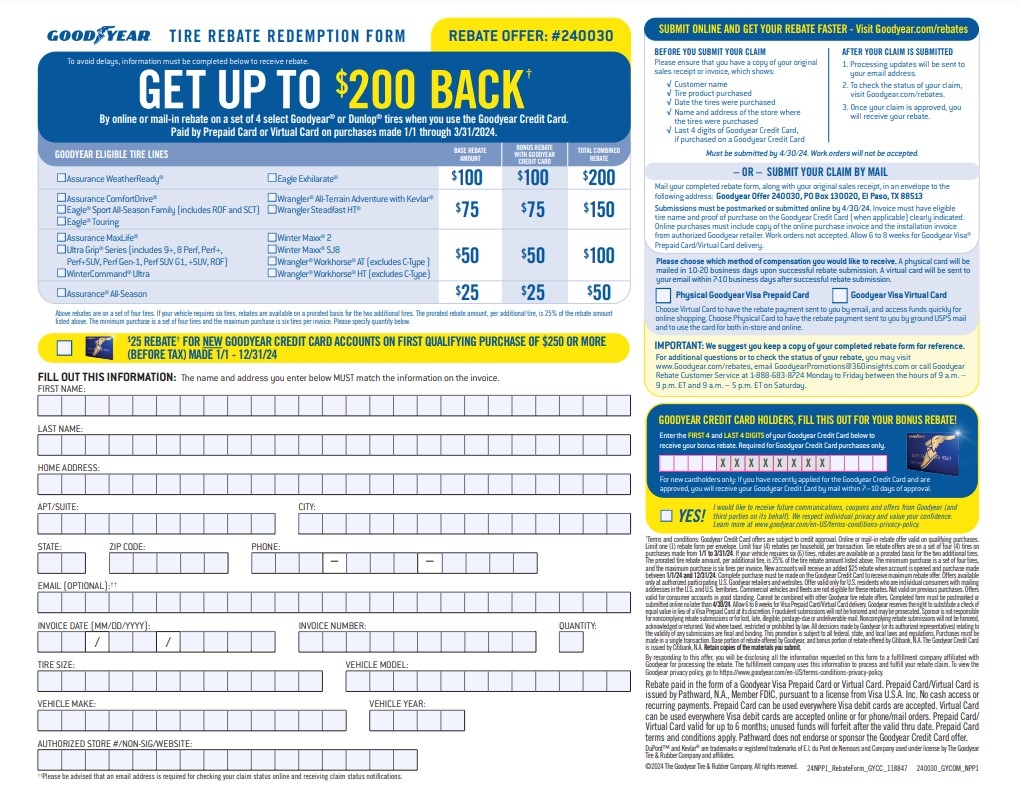 Goodyear Tire Rebate Form 2024 Printable Goodyear Rebates