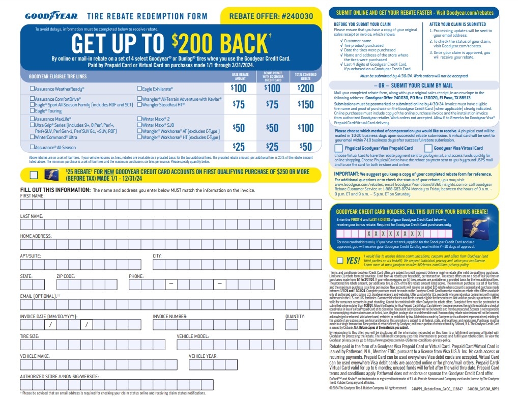 Goodyear Tire Rebate Form 2024 Printable USA Goodyear Rebates