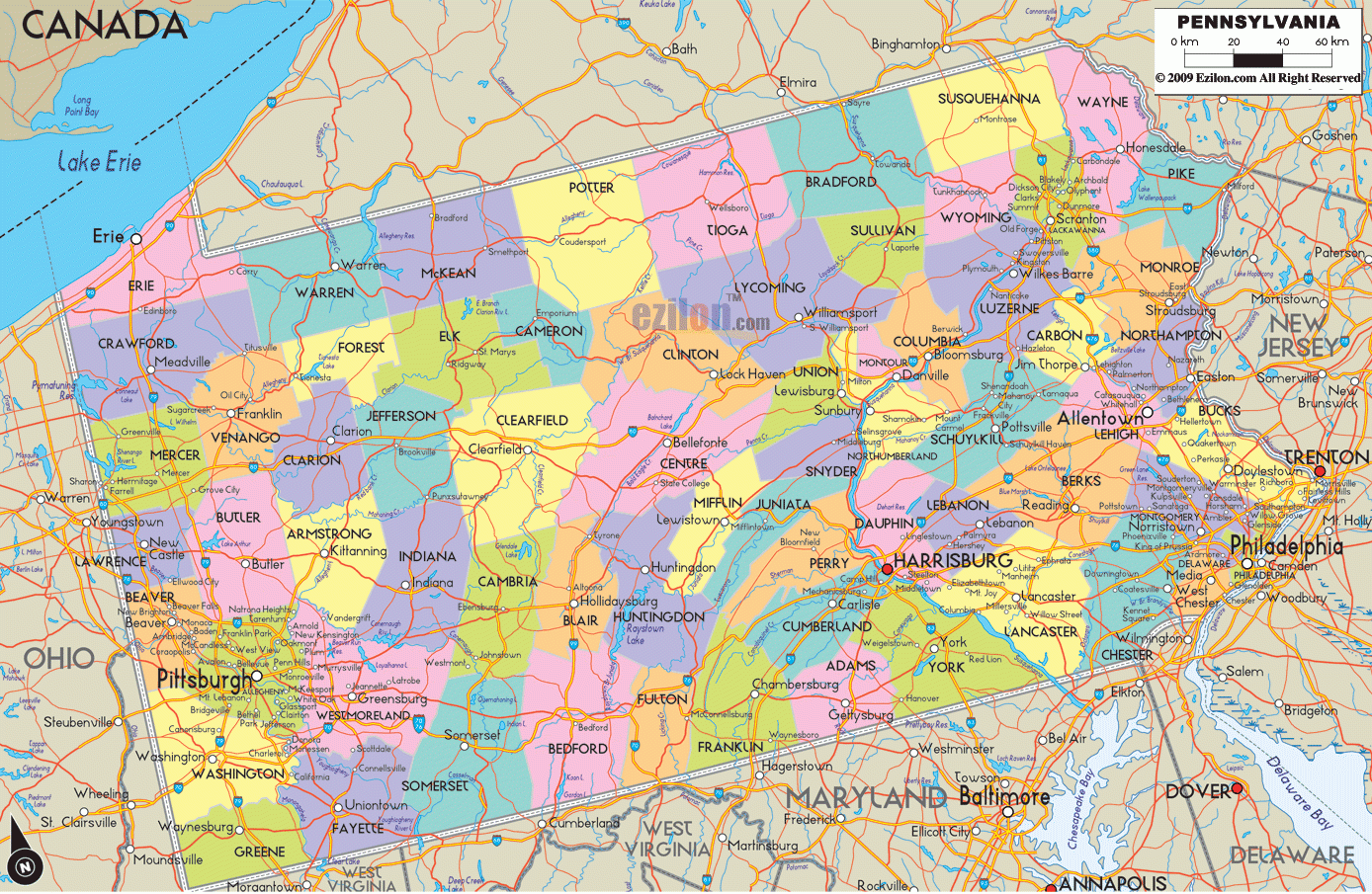 Map Of Pennsylvania State USA Ezilon Maps