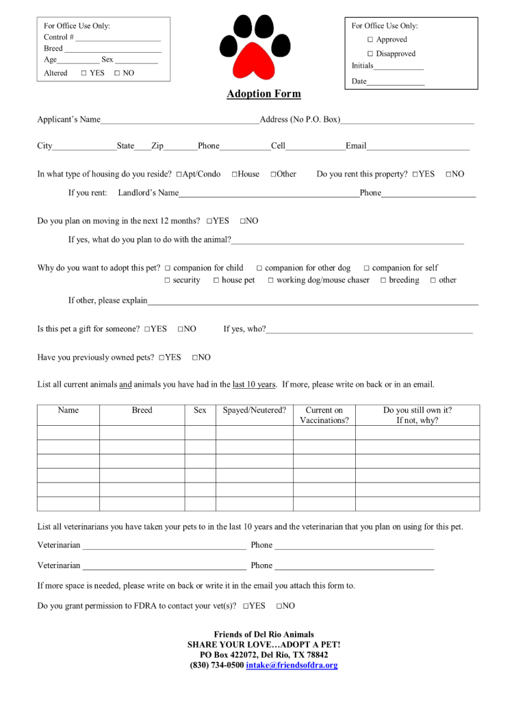 Printable Blank Pet Adoption Forms Printable Blank Pet Adoption Forms