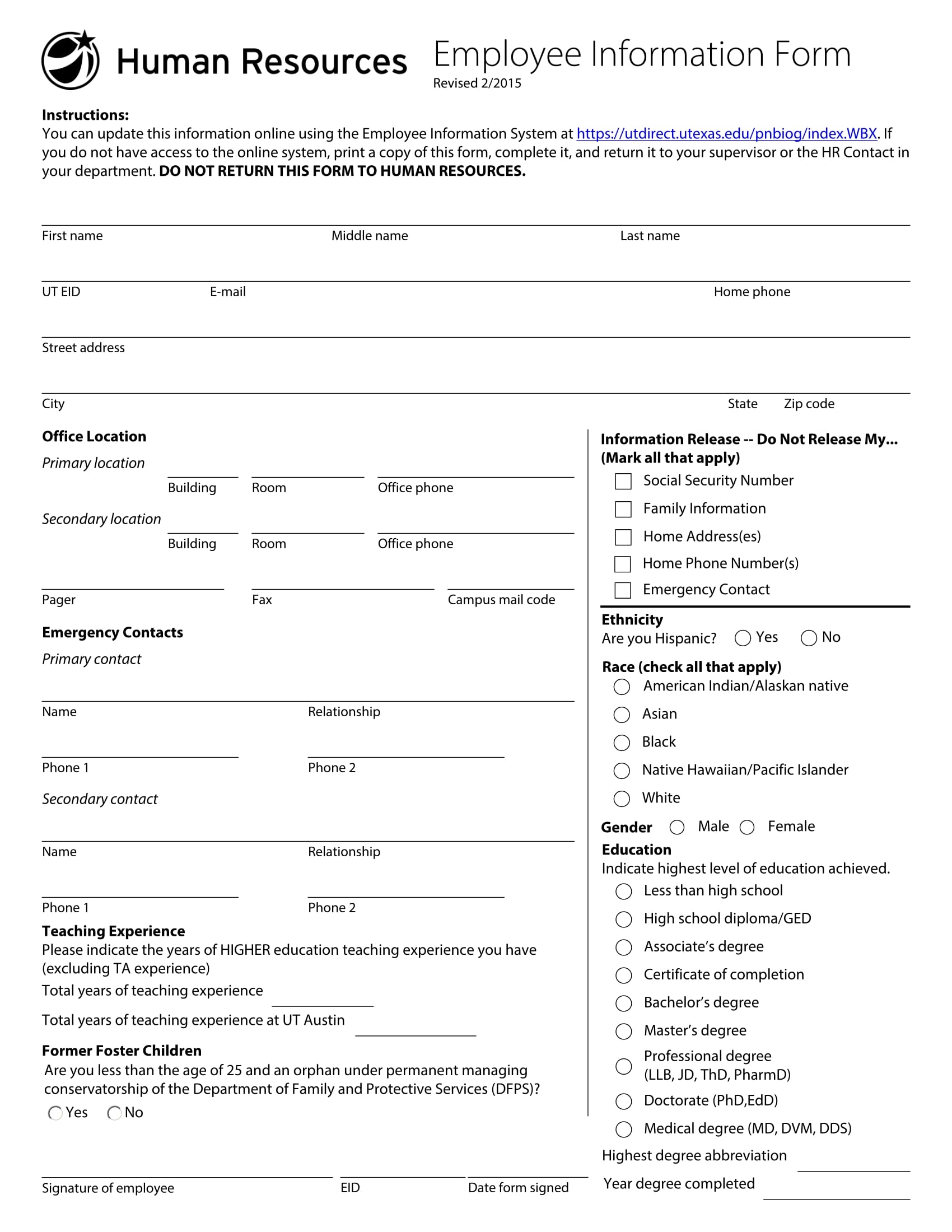 Printable Employee Information Form Printable Forms Free Online Printable Employee Information Form Printable Forms Free Online