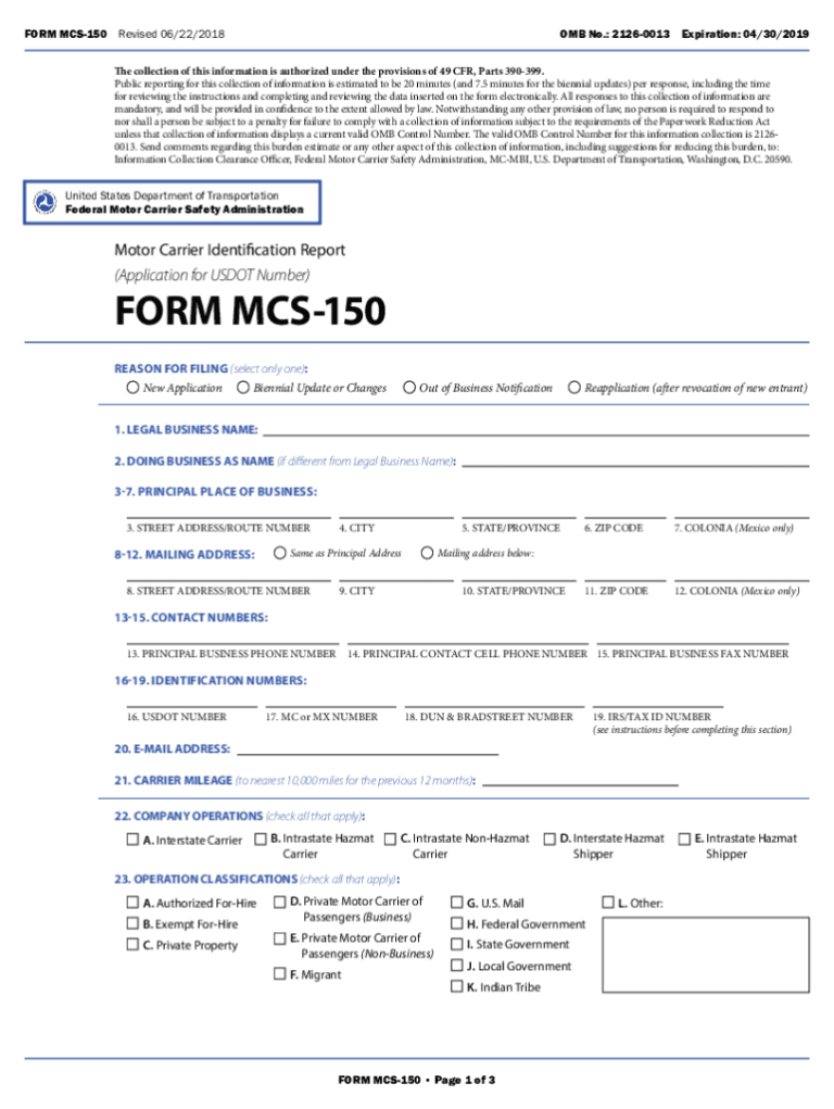 Printable Form Mcs 150 Fillable Form 2025