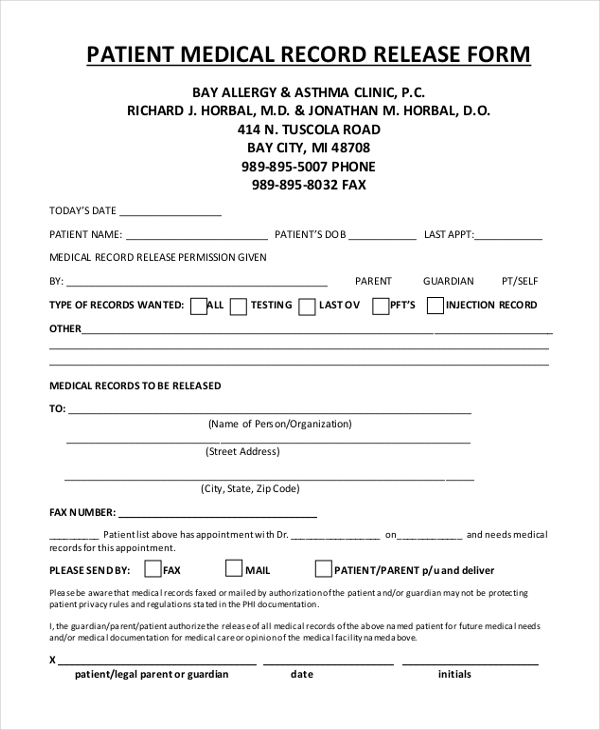 Printable Release Of Medical Records Form Printable Forms Free Online