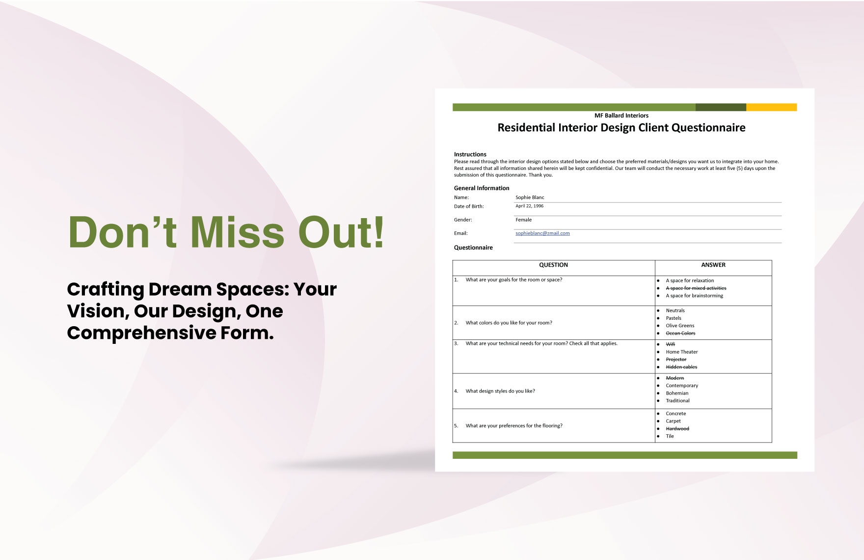 Residential Interior Design Client Questionnaire In Excel Word PDF 