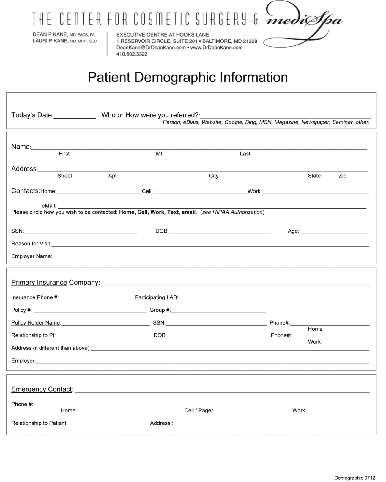 Sample Patient Demographic Form