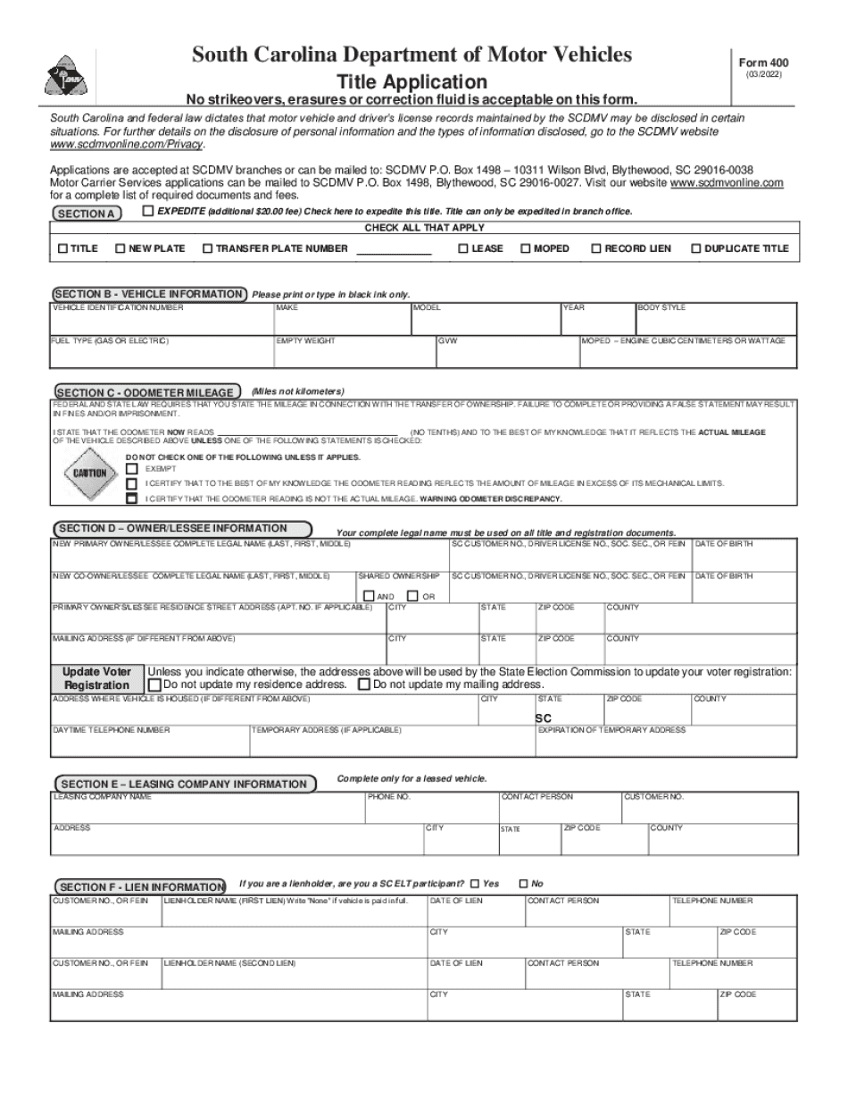 Scdmv Form 400 Printable Blank PDF Online Scdmv Form 400 Printable Blank PDF Online