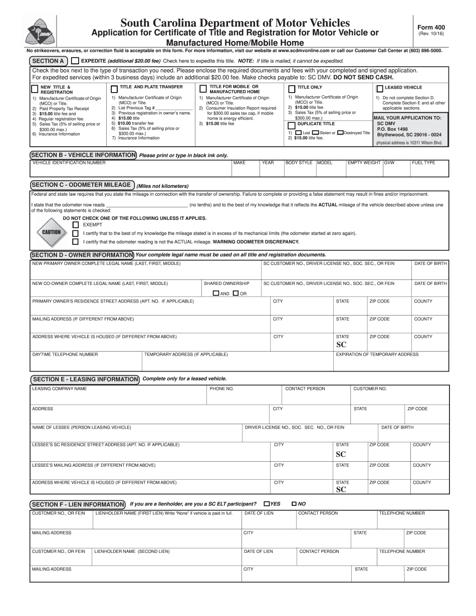 Scdmv Form 400 Printable Blank PDF Online