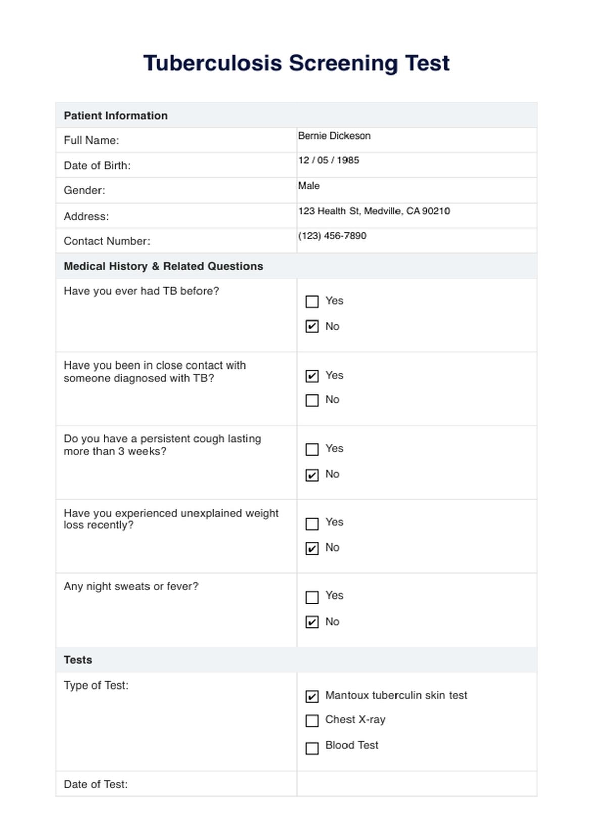 Tuberculosis Screening TB Test Example Free PDF Download